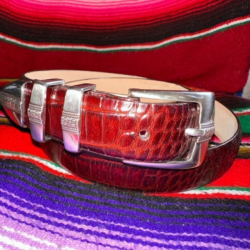 Genuine calfskin cognac leather belt with three-piece silver trim NWOT sz 32